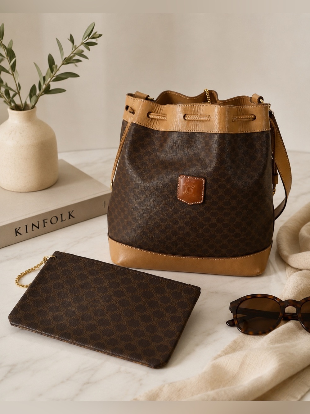 Celine Brown Monogram Bucket Bag with Tan Trim and Matching Pouch - Picture 3 of 16